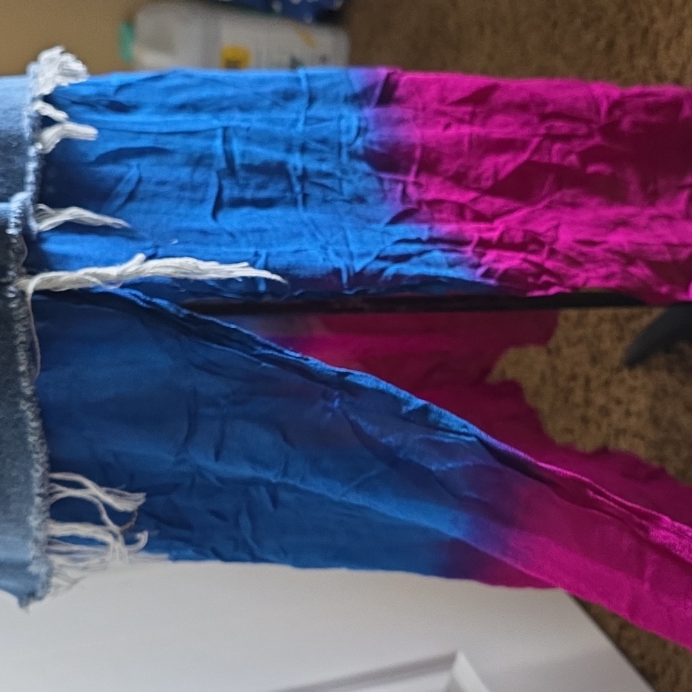 Upcycled Red and Blue Tiered Distressed Midi Blue Jean Skirt - Picture 9 of 12